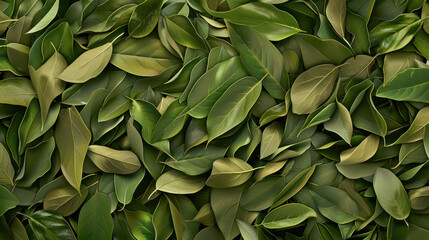 Lush green leaves create vibrant, natural background, showcasing various shades and textures. This evokes sense of tranquility and connection to nature