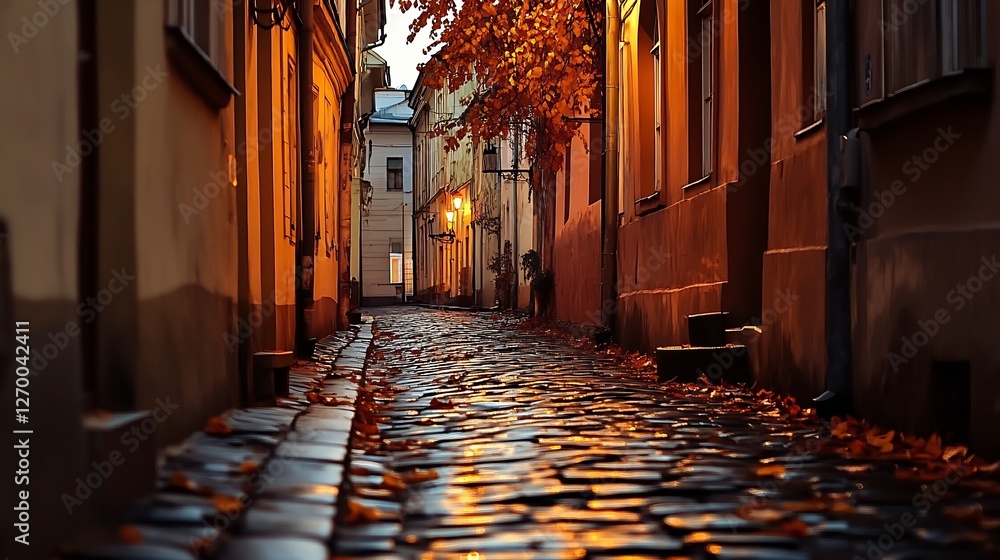 Aufkleber nostalgic cobblestone path adorned with vibrant autumn leaves and inviting warm street illumination 