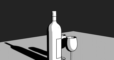 Line drawing wine bottle two glasses table long shadows vector art comic style black white grey 