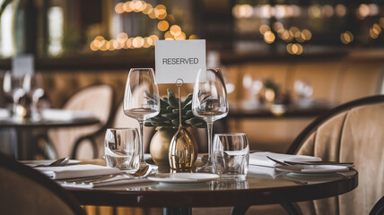 A beautifully set dining table with a "Reserved" sign, elegant glassware, and tasteful decor, representing fine dining and special occasion reservations.
