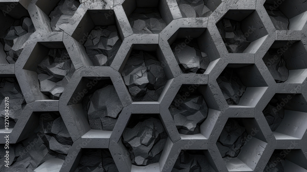 Poster textured hexagonal pattern with rocky elements in gray tones, creating modern and industrial feel. t