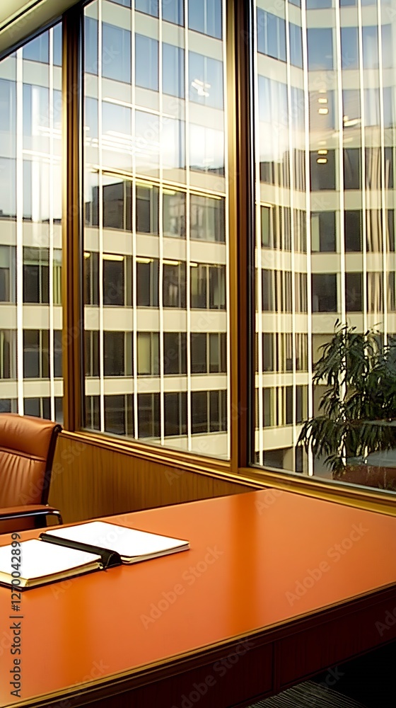 Poster contemporary office with a panoramic view of a cityscape featuring large windows and refined furnish