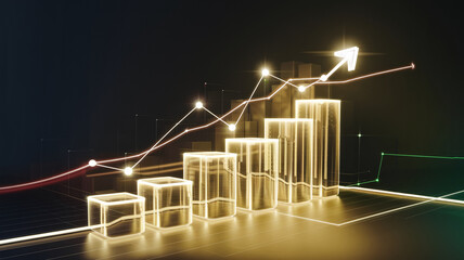 A dynamic and visually striking 3D financial graph showing an upward trend, represented with glowing bars and a rising arrow, symbolizing growth and success in business.