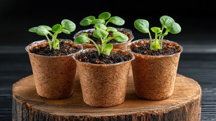 Fresh green sprouts emerge from biodegradable pots, highlighting the beauty of new beginnings and the promise of life in an eco-friendly setting