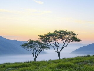 Obraz premium Mystical foggy valleys shrouded in thick mist at dawn, silhouettes of ancient trees emerging, soft light creating ethereal atmosphere.