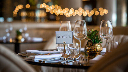 A close-up shot of a reserved restaurant table with elegant glassware, silverware, and a small plant in a stylish setting, showcasing a sophisticated dining experience.