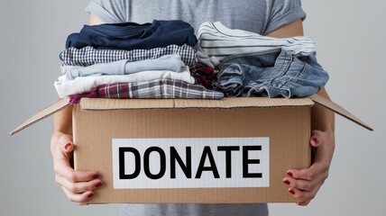 Person holding a donation box full of assorted clothing items