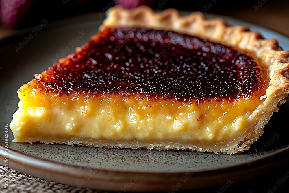 Poster Slice of homemade custard pie with crispy crust showing yellow cream filling and raspberry on top : Generative AI
