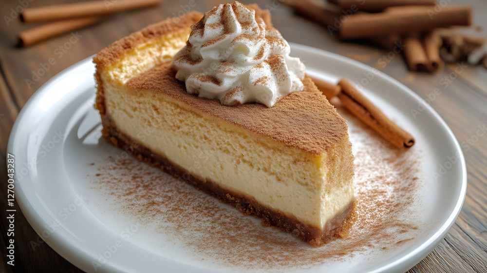 Poster Indulgent slice of creamy cheesecake on a rustic plate with cinnamon sticks and a dusting of cocoa powder : Generative AI