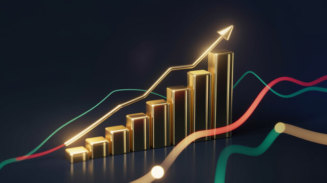 A close-up view of a 3D financial graph with glowing golden bars and colorful line charts, symbolizing upward growth, data analysis, and financial progress.