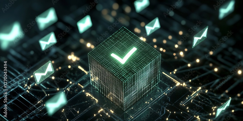 Poster Futuristic digital cube with green check mark among floating email icons in a tech environment : Generative AI