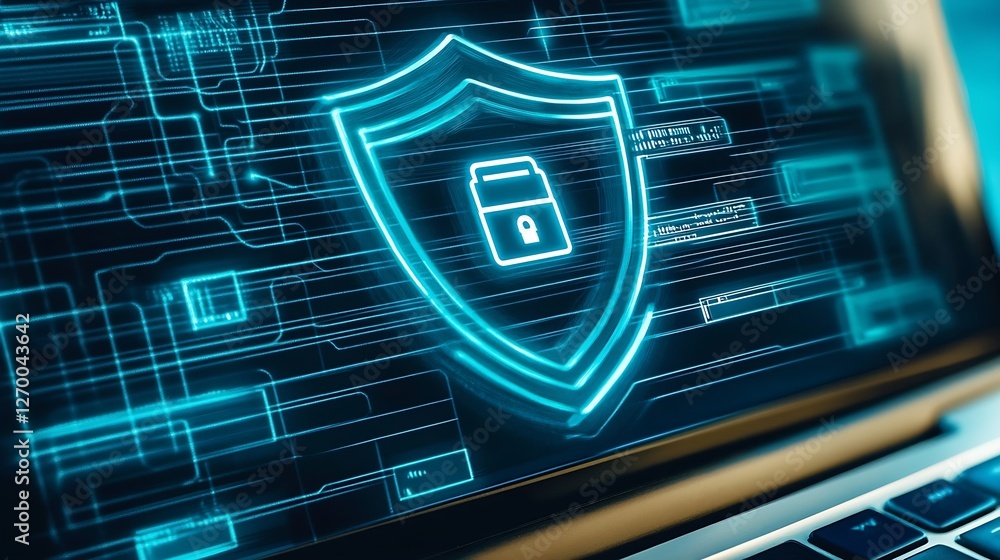 Poster Stylish digital security shield concept with lock icon over a computer screen illustrating cybersecurity technology : Generative AI