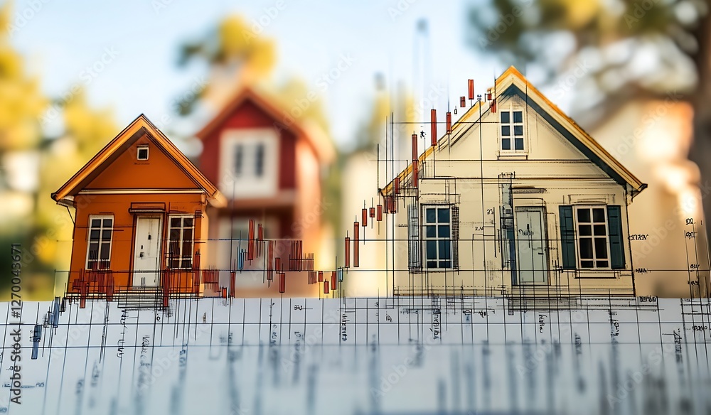 Poster Visual representation of housing trends with blueprints and models of houses against a soft background : Generative AI
