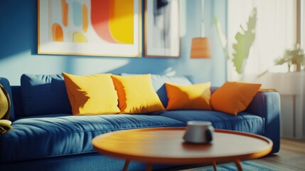 This image depicts a stylish and well-decorated living room with two sofas, colorful pillows, and minimalist decor. A couple relaxes on the blue sofa, enjoying the cozy atmosphere.
