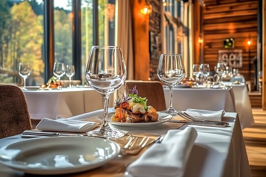 Elegant fine dining restaurant interior showcasing beautiful table setting with gourmet dish and glassware : Generative AI