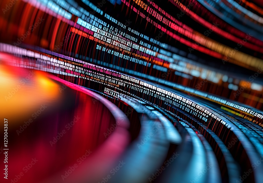 Poster Vibrant abstract representation of data flow with colorful lines and shining binary code : Generative AI