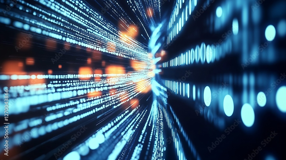 Poster Dynamic representation of digital data flow with light trails and bright particles in a futuristic setting : Generative AI