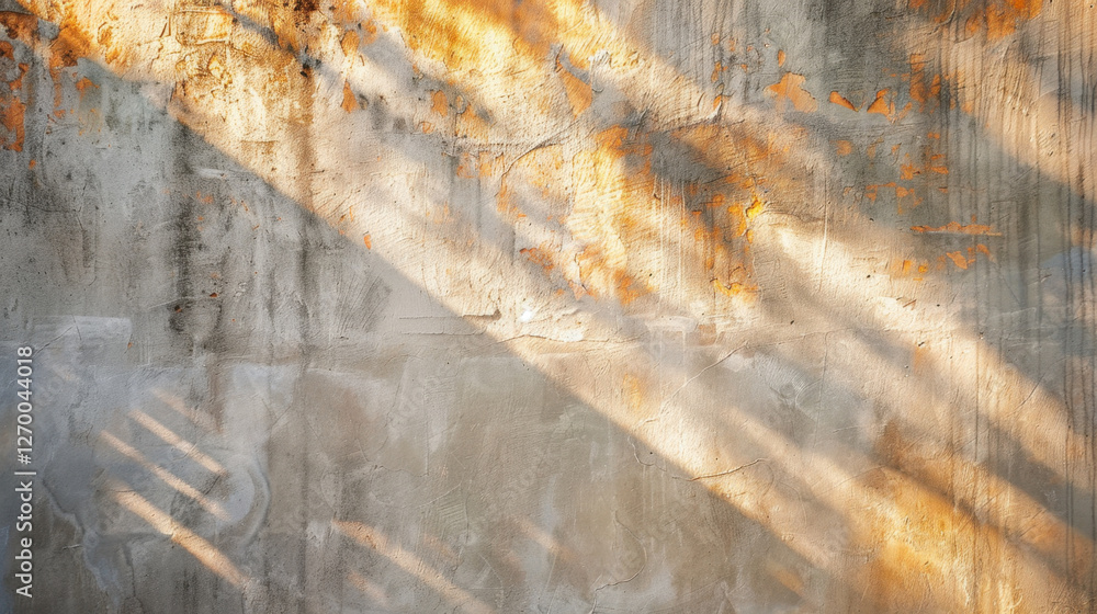 Poster textured concrete wall with orange rust stains and diagonal shadows creates striking visual effect. 