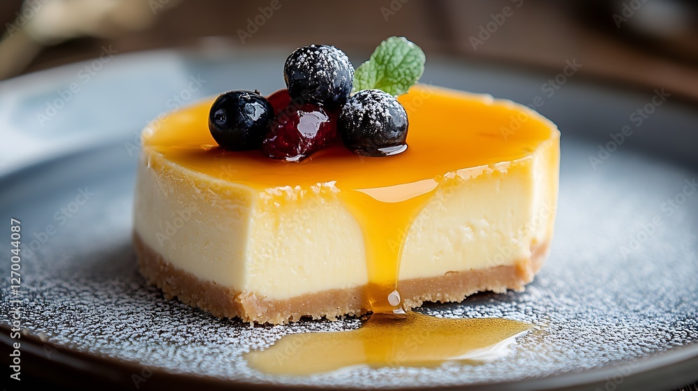Poster irresistible cheesecake with a glossy top adorned with fresh berries and a drizzle of sweet sauce : 