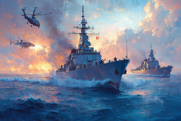 Chinese destroyer engages in naval exercise with helicopters amid dramatic skies