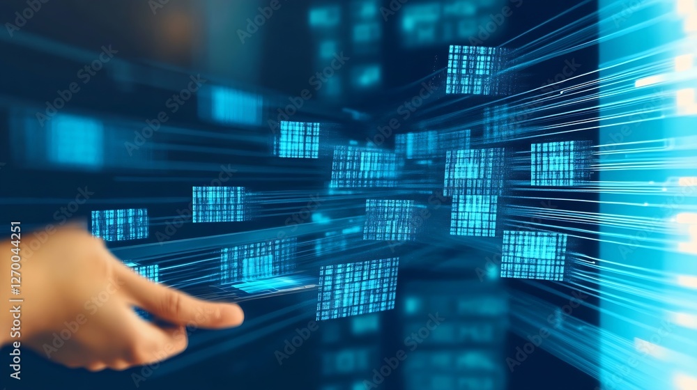 Poster Hand reaching towards floating 3D data blocks in a vibrant blue and dark background : Generative AI