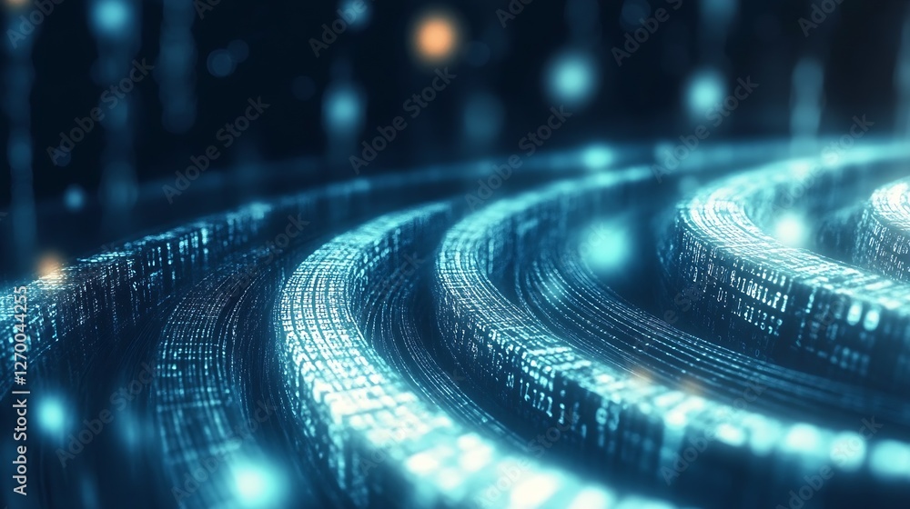 Poster A captivating swirl of glowing binary code elements crafted into smooth curves in a digital universe : Generative AI