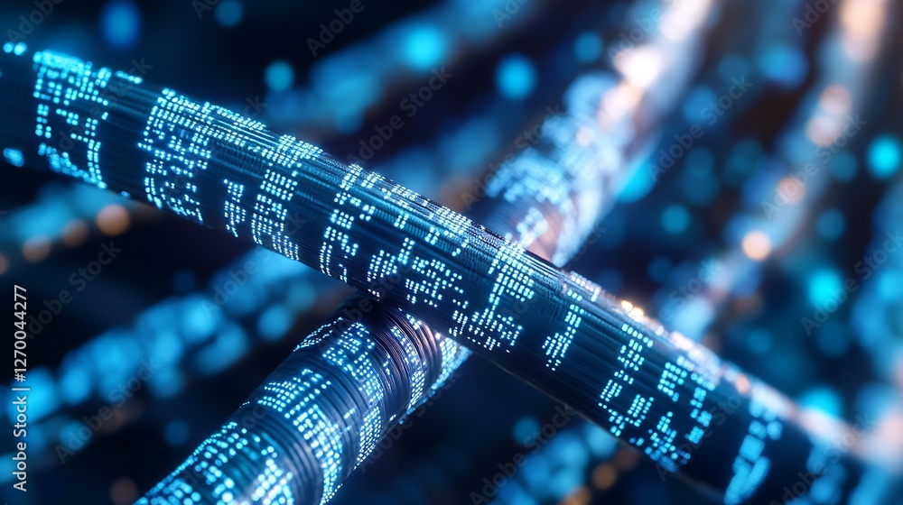Leinwandbilder Dynamic intersecting cables featuring illuminated binary elements in a high-tech setting : Generative AI