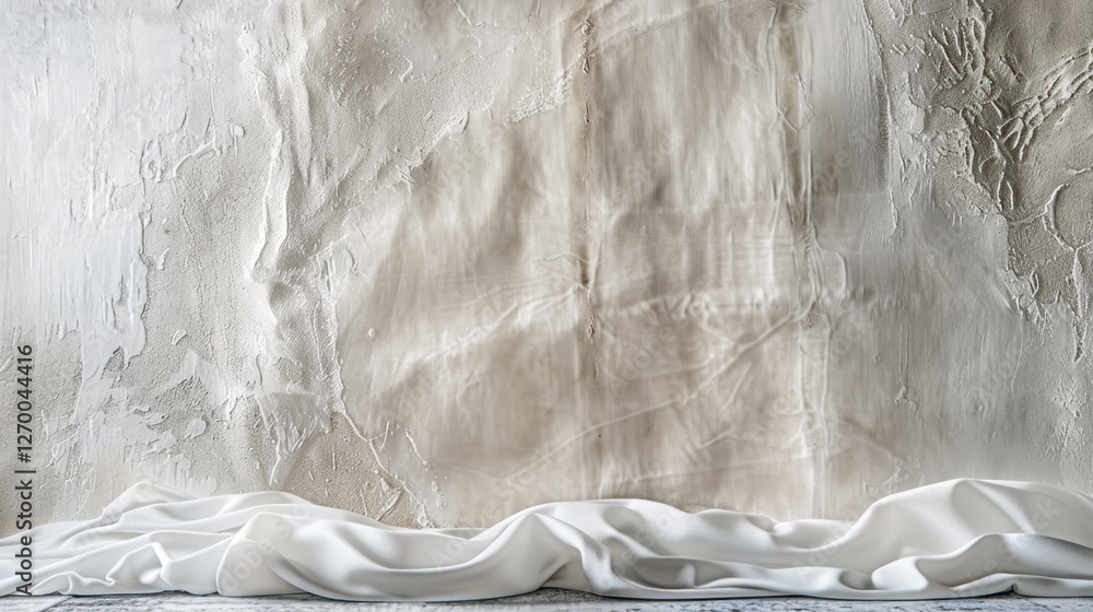 Poster textured background with soft white fabric draped elegantly, creating serene and minimalist aestheti