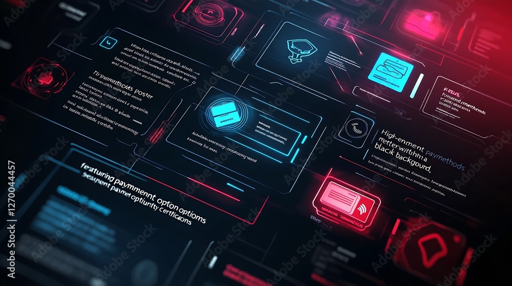 Aufkleber Sleek user interface depicting various payment options with vibrant neon colors against a dark backdrop : Generative AI