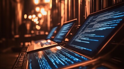 Futuristic view of laptops displaying code with glowing screen reflecting a tech-inspired urban vibe at night : Generative AI