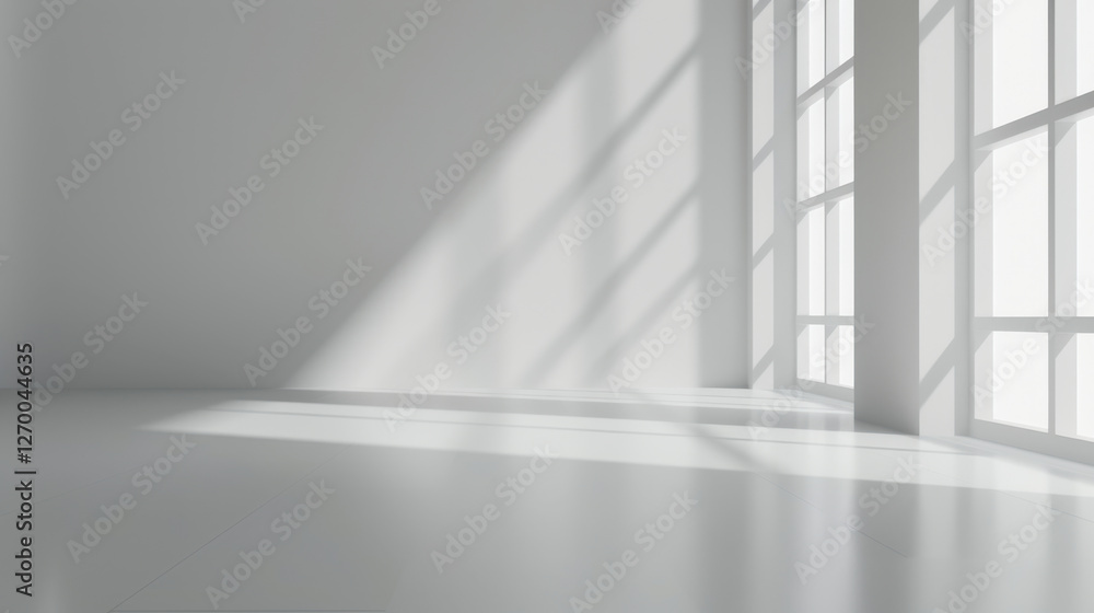 Poster bright and minimalistic interior space with sunlight casting shadows through large windows, creating