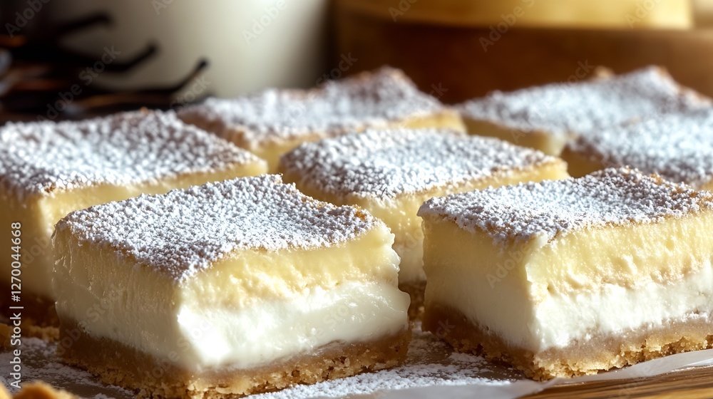 Poster perfectly sliced creamy dessert with sugar dusting and soft biscuit base on elegant table : generati