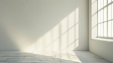 bright, minimalistic interior space with sunlight casting shadows on wooden floor and white walls, creating serene atmosphere