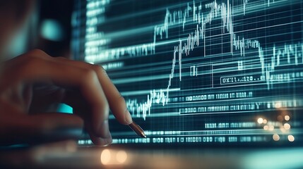 Person analyzing financial stock graphs on a sleek tablet screen with precise data representation : Generative AI