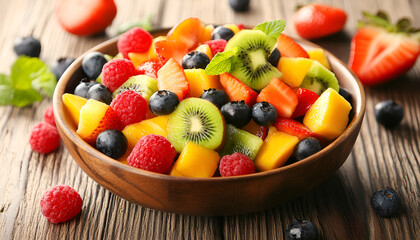 Fruit salad on wooden table, close up horizontal