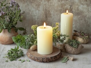 Warm candlelight flickering on a rustic altar adorned with seasonal herbs, natural elements, and handmade decorations, creating an inviting ambiance.