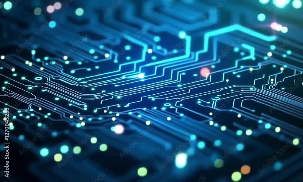 Poster a close-up view of an intricate circuit board featuring luminous pathways and glowing elements, symb