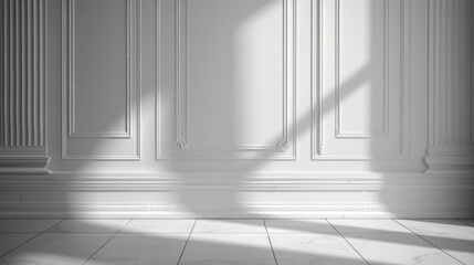 Fototapeta premium bright, elegant interior space featuring white walls with decorative molding and polished floor. Soft shadows create serene atmosphere, perfect for showcasing design elements