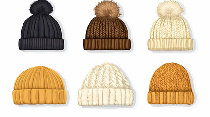 Collection of knitted winter hats in various colors and textures