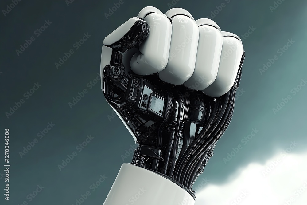 Poster futuristic robotic fist symbolizing strength and technology in a digital age : generative ai