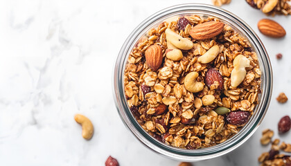 Fototapeta premium Homemade granola with nuts and seeds in glass jar. Organic granola for healthy breakfast on white, top view, copy space