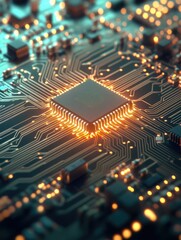 Advanced Microchip with Integrated Circuits in a High-Resolution Image, Perfect for Technology and Computing Sectors.