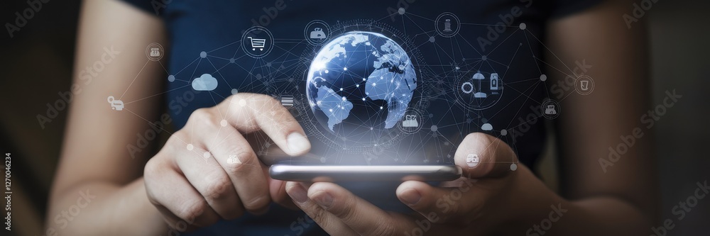 Poster person using smartphone with global network and icons overlayed