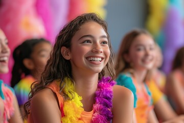 Fototapeta premium A group of children engages in an event filled with laughter and colorful decorations