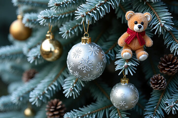 Festive christmas tree decorations featuring teddy bear and ornaments winter wonderland close-up view holiday spirit
