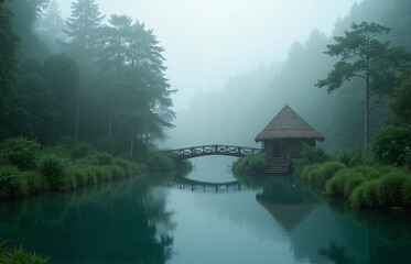 Fototapeta premium Spokojny, mglisty krajobraz, spokojna rzeka, scena natury, mgliste otoczenie, spokojny punkt widzenia, spokojna koncepcja