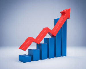 A 3D rendering of a rising bar chart with a red upward arrow, symbolizing business growth, financial success, and positive trends in market performance or investments.