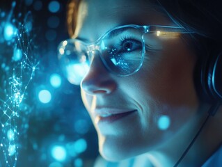 High-tech, female professional engrossed in her work amidst blue lights and futuristic background.