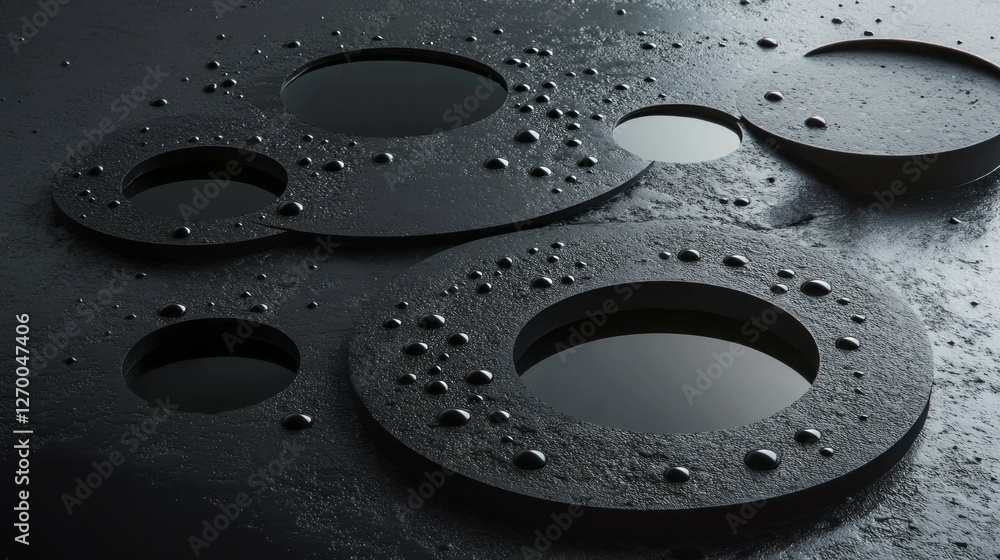 Poster Delicate water droplets rest on a sleek, dark surface, reflecting light and creating a stunning visual interplay. This tranquil composition showcases nature’s elegance in a minimalistic setting