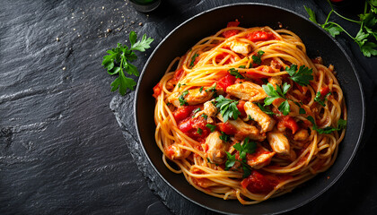 Spaghetti pasta in tomato sauce with chicken,  parsley in pan. Chicken spaghetti pasta over black stone background with copy space, italian food